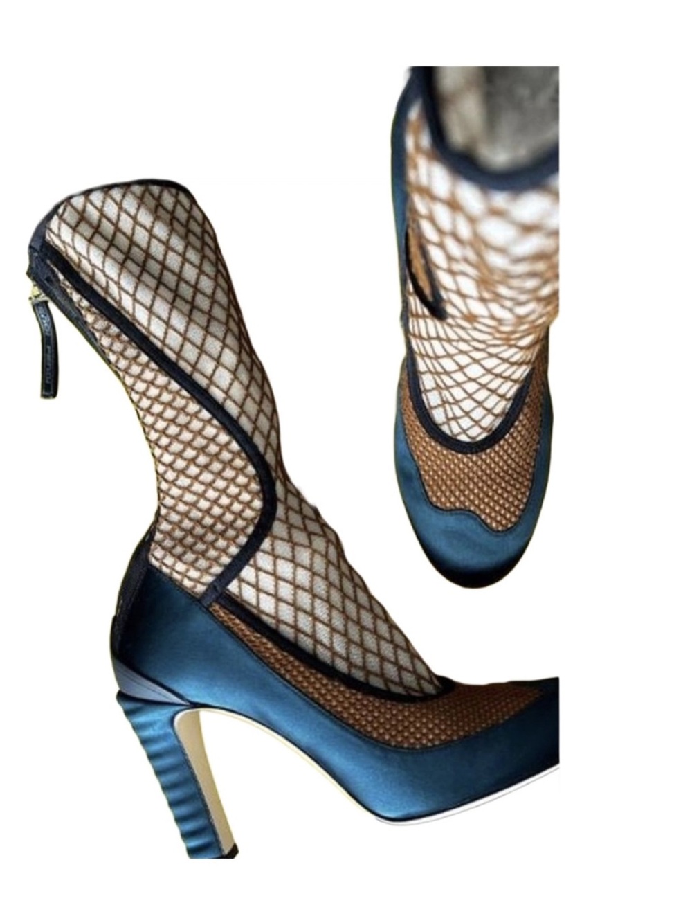 Fendi Tan Mesh and Teal Leather Pointed Bootie - Picture 4 of 4